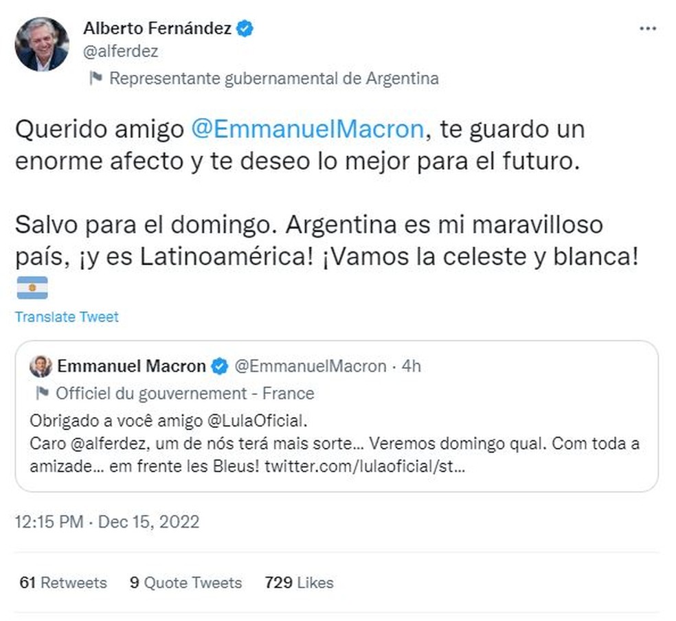 Presidente da Argentina, Alberto Fernández, conversa com o presidente da França, Emmanuel Macron, sobre final da Copa do Mundo — Foto: Reprodução/Twitter