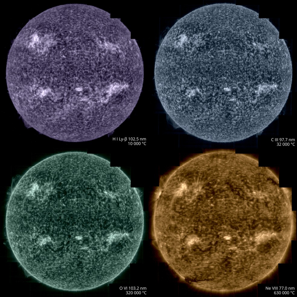Cores mostram diferentes pontos da atmosfera do Sol. — Foto: ESA & NASA/Solar Orbiter/SPICE team; Data processing: G. Pelouze (IAS)