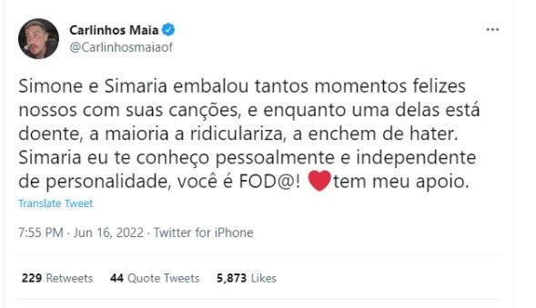 Carlinhos Maia sobre Simaria (Foto: Reprodução/Twitter)