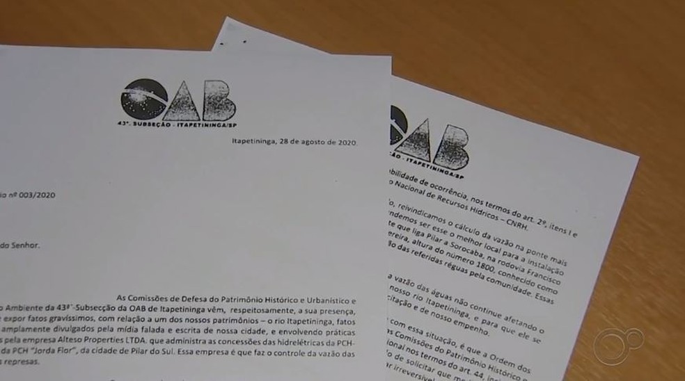 Representantes da OAB enviaram ofício que apontou possíveis irregularidades em barragens de hidrelétricas de Pilar do Sul (SP) — Foto: Reprodução/TV TEM