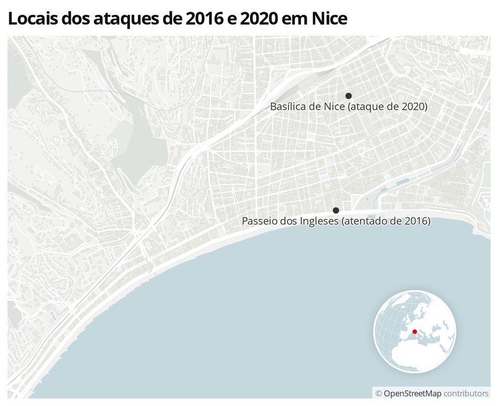 Mapa da cidade de Nice, na França, mostra os locais de dois atentados, o de 2016 e o de 2020 — Foto:  G1