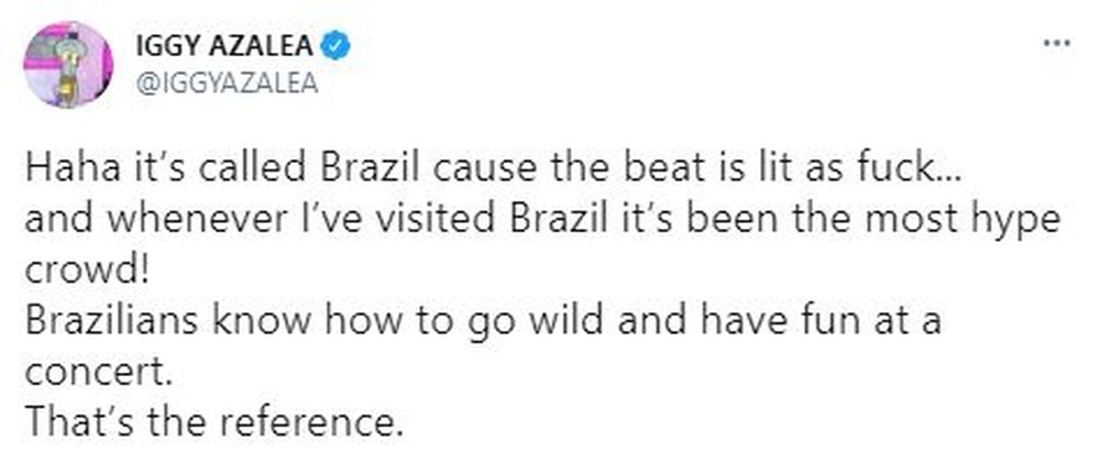 Iggy Azalea explica por que decidiu chamar sua nova música de Brazil (Foto: Reprodução / Twitter)