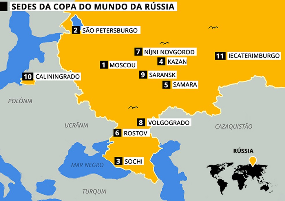 São Petesburgo é a cidade que fica mais ao norte entre as sedes, ao contrário de Sochi e Rostov (Foto: Infografia )