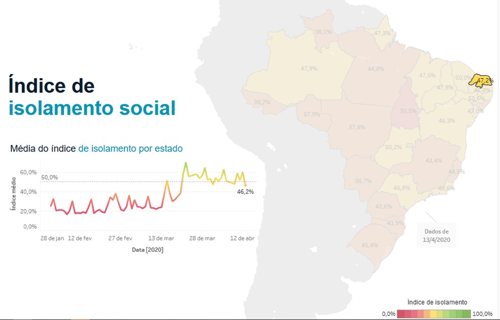 Mapa mostra que 47,2% da população do RN estava respeitando o isolamento social na última segunda-feira (13) — Foto: In Loco/Reprodução