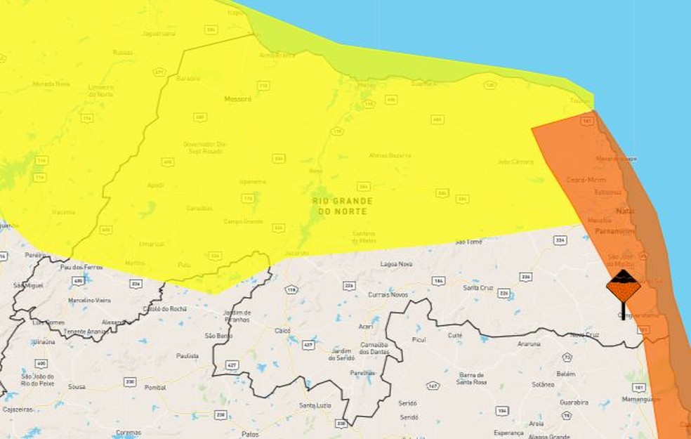 Os alertas de perigo potencial (amarelo) e perigo (laranja) foram emitidos para 108 municípios do RN — Foto: Reprodução/Inmet
