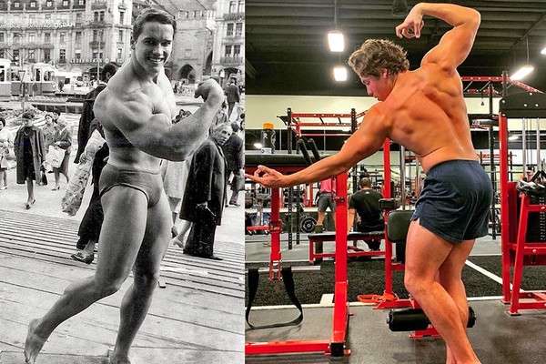 Arnold Schwarzenegger, nos anos 1970, e o filho de relação fora de casamento Joseph Baena, de 21 anos (Foto: Reprodução/Instagram)