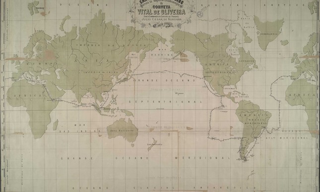 Mapa da primeira volta ao mundo de uma embarcação brasileira, a corveta Vital de Oliveira