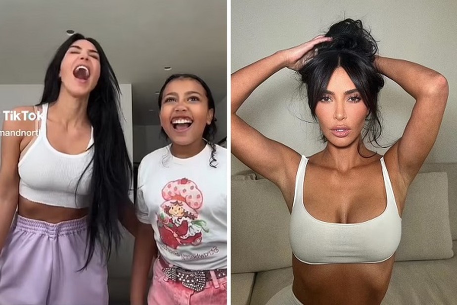 Kim Kardashian em vídeo brincando com a filha (esquerda) e fazendo carão (direita)