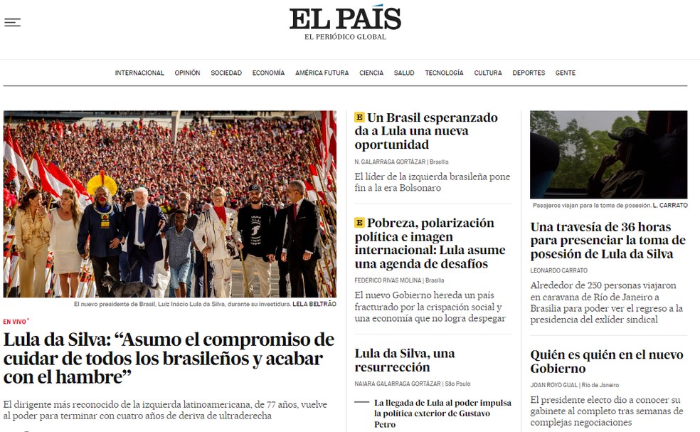 O "El País" destacou o compromisso de Lula de acabar com a fome no Brasil — Foto: Reprodução