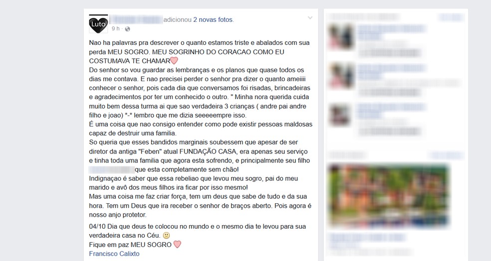 Família de Francisco publicou nas redes sociais mensagem para agente — Foto: Reprodução/Facebook/Flaviane Soares