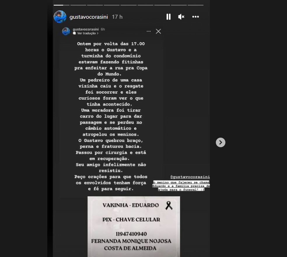 Perfil de ator relata o ocorrido e pede ajuda para custear o funeral do amigo  — Foto: Reprodução/Instagram