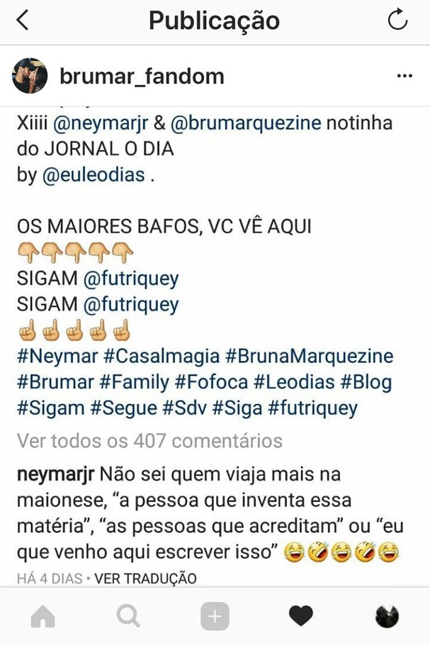 Comentário de Neymar (Foto: Reprodução/Instagram) Comentário de Neymar (Foto: Reprodução/Instagram)