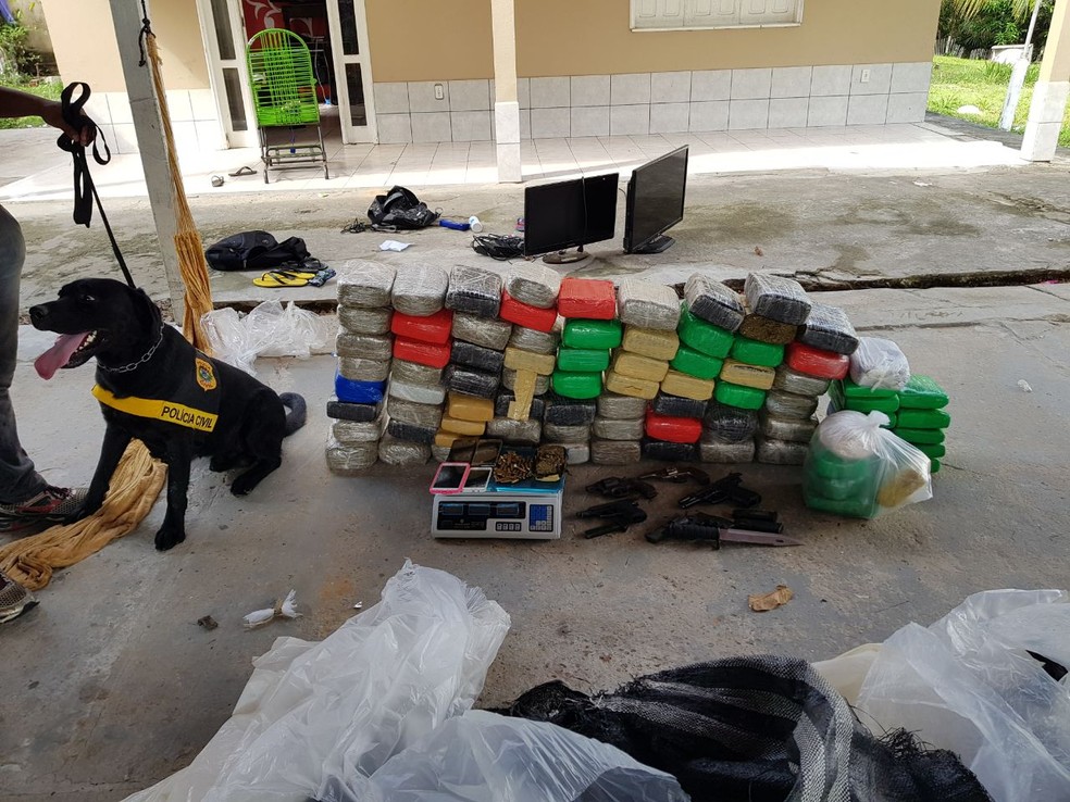 Além da droga, também foram apreendidas armas, munições, um punhal e celulares (Foto: Divulgação Polícia Civil)