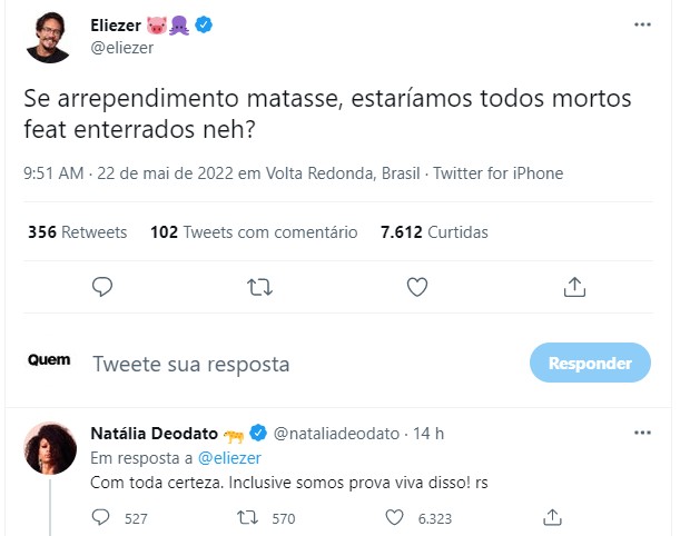 Eliezer e Natália trocam farpas na web (Foto: Reprodução/Twitter)