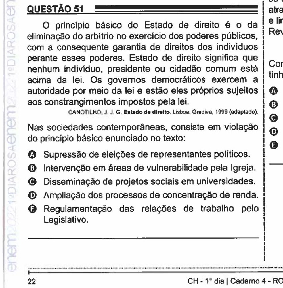 Questão 51 da prova rosa do Enem 2022 trata do Estado Democrático de Direito — Foto: Reprodução/Enem