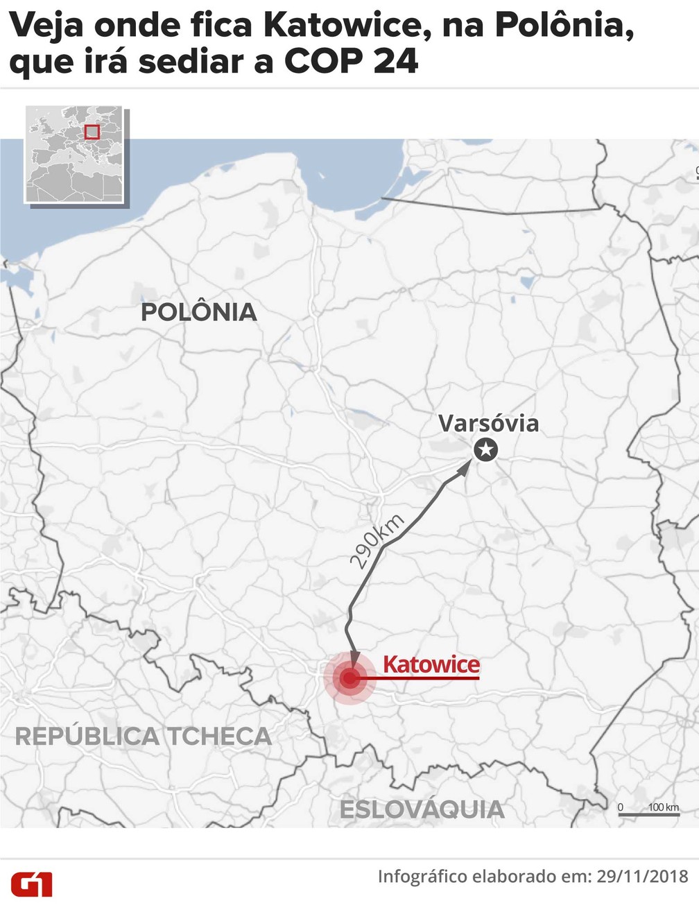 Veja onde fica Katowice, na Polônia, que irá sediar a COP 24 — Foto: Claudia Peixoto/Arte G1
