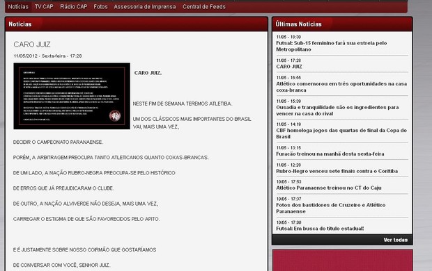 Site do Atlético-PR pressiona o juiz da final (Foto: reprodução/Site do Atlético-PR)