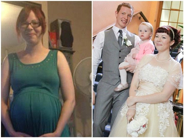 Sara grávida de Elodie e no dia do casamento ao lado de Lance e da filha (Foto: Facebook)