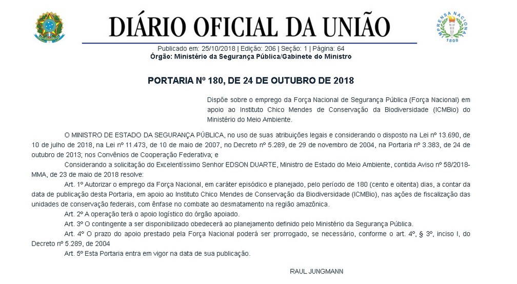 Portaria no Diário Oficial da União garante emprego da Força Nacional em apoio às ações contra o desmatamento no Pará ICMbio — Foto: Divulgação/ Diário Oficial da União