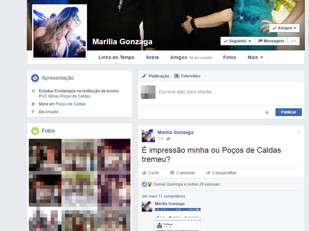 Fisioterapeuta relata que sentiu tremor de terra em Poços de Caldas (Foto: Reprodução / Facebook)