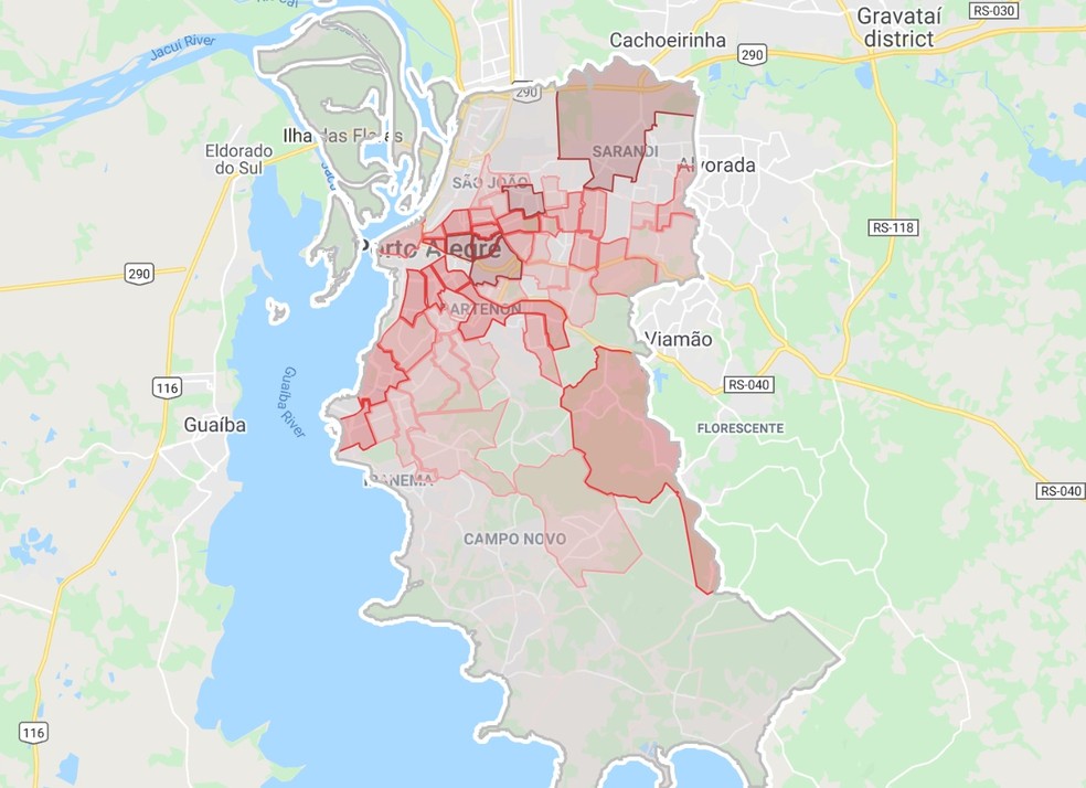 Mapa de Porto Alegre com incidência de coronavírus por bairros — Foto: Reprodução/GoogleMaps