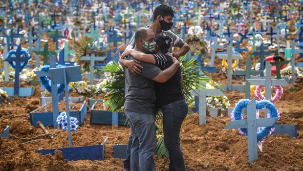 Parentes durante o enterro em massa de vítimas da pandemia de coronavírus no cemitério do Parque Tarumã, em Manaus (Foto: Getty Images)