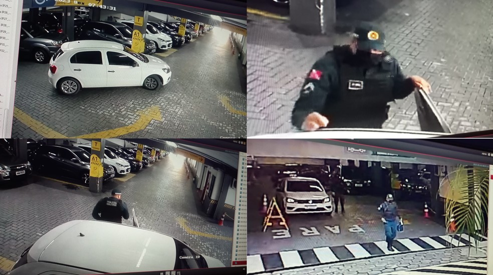 Câmeras registram ação de dupla vestida de PM assaltando agência bancária em Belém. — Foto: Reprodução / TV Liberal