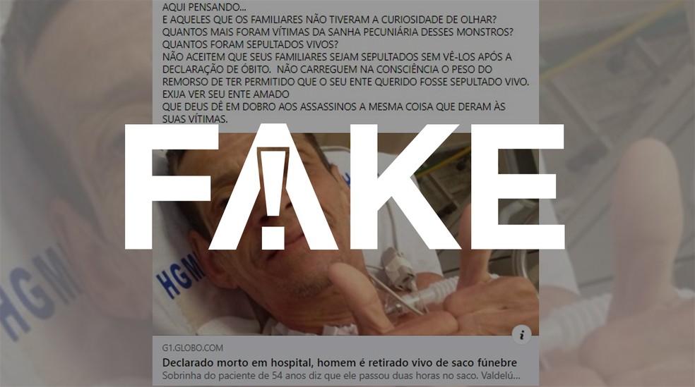É #FAKE que homem foi colocado vivo em saco fúnebre na BA para inflar mortes por coronavírus — Foto: G1