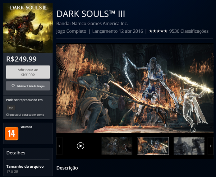 Página de Dark Souls 3 na PlayStation Store (Foto: Reprodução/André Mello)