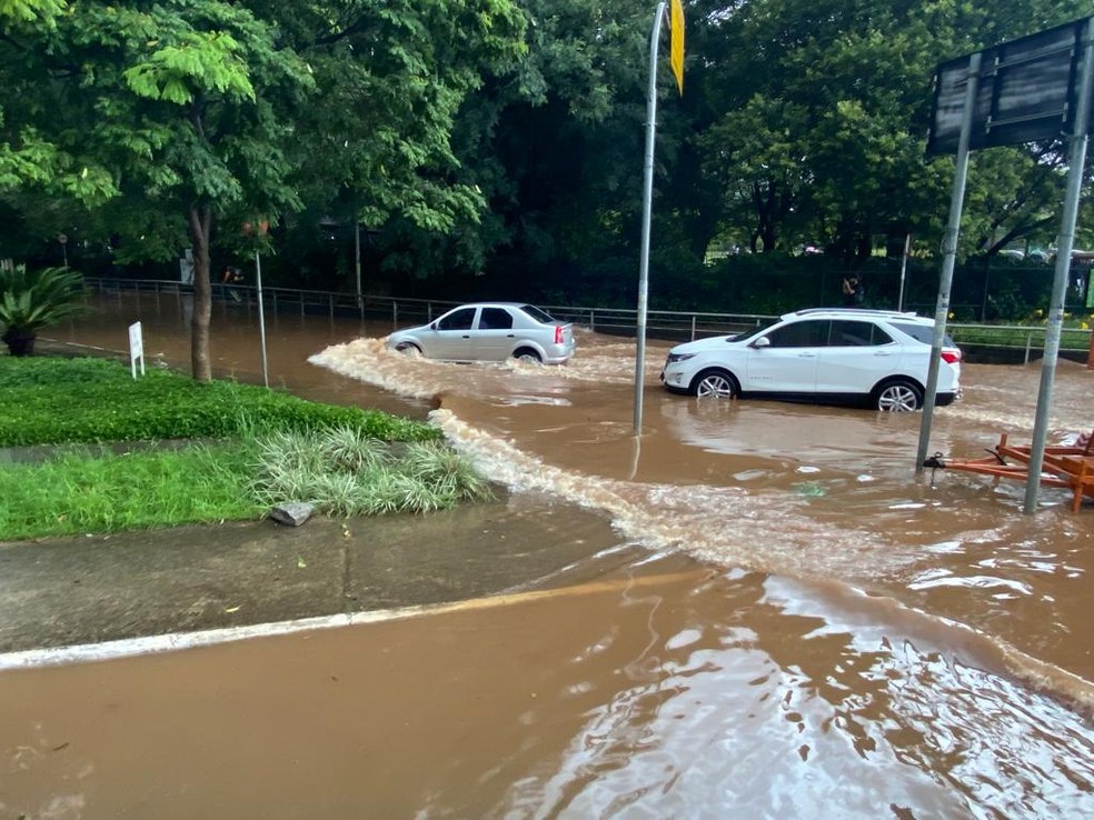 Carros passam pela Avenida Cidade Jardim alagada pela chuva na Zona Sul de SP — Foto: Celso Tavares/G1