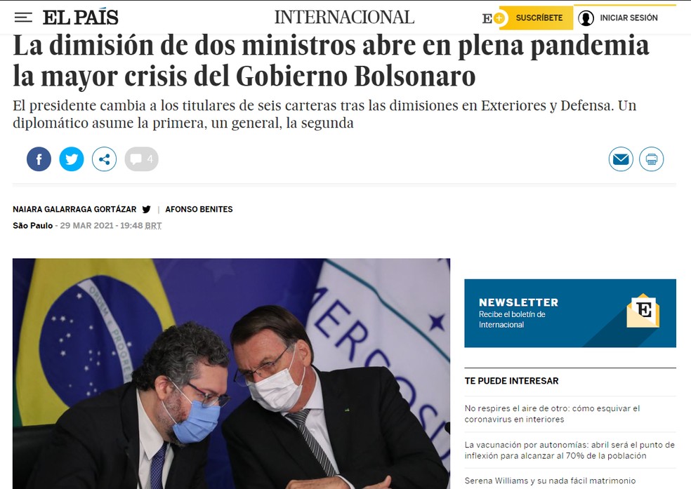 El País: imprensa internacional noticia reforma ministerial de Bolsonaro Reprodução/ — Foto: Reprodução/El País