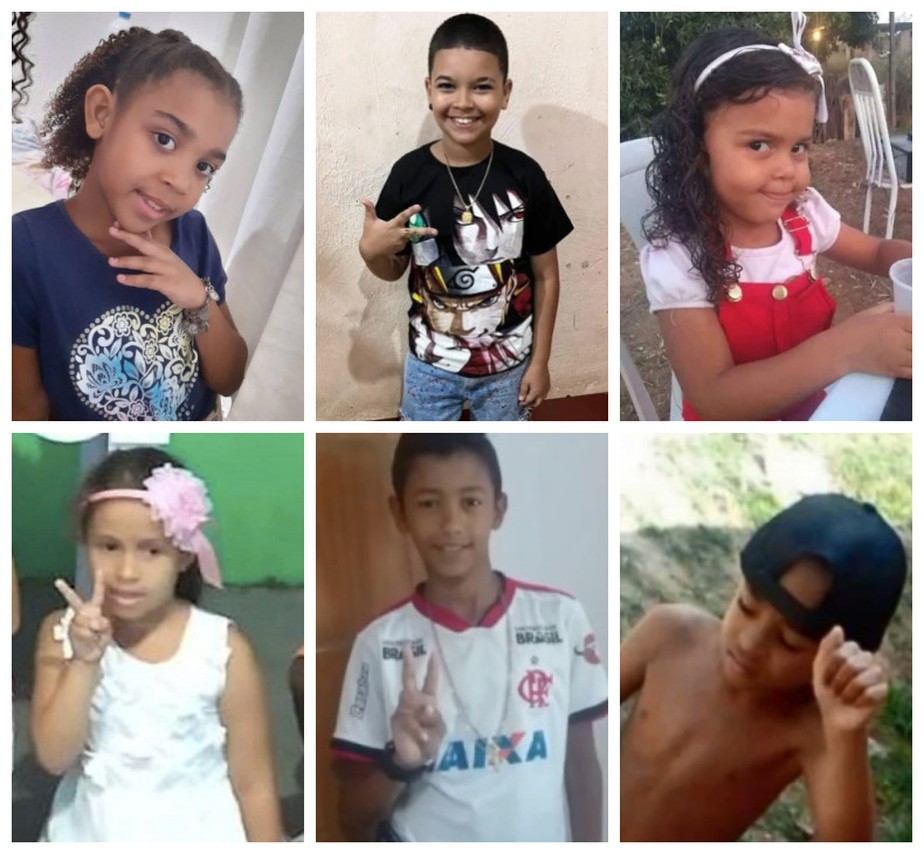 Rafaelly, Juan Davi, Esther Vitória, Karina, Lorenzo e Kevin Lucas (em sentido horário) foram assassinados no Rio