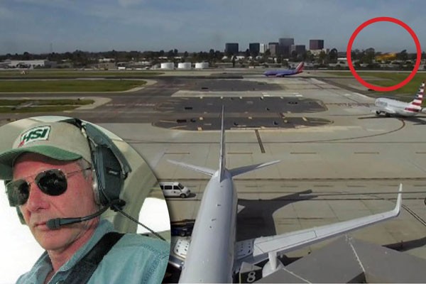 Harrison Ford e o avião pilotado por ele passando próximo ao Boeing (Foto: Getty e reprodução)