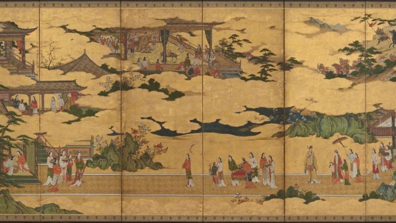 Pintura em biombo do período Momoyama no Japão inspirada em um poema chinês (Foto: Getty Images via BBC News)