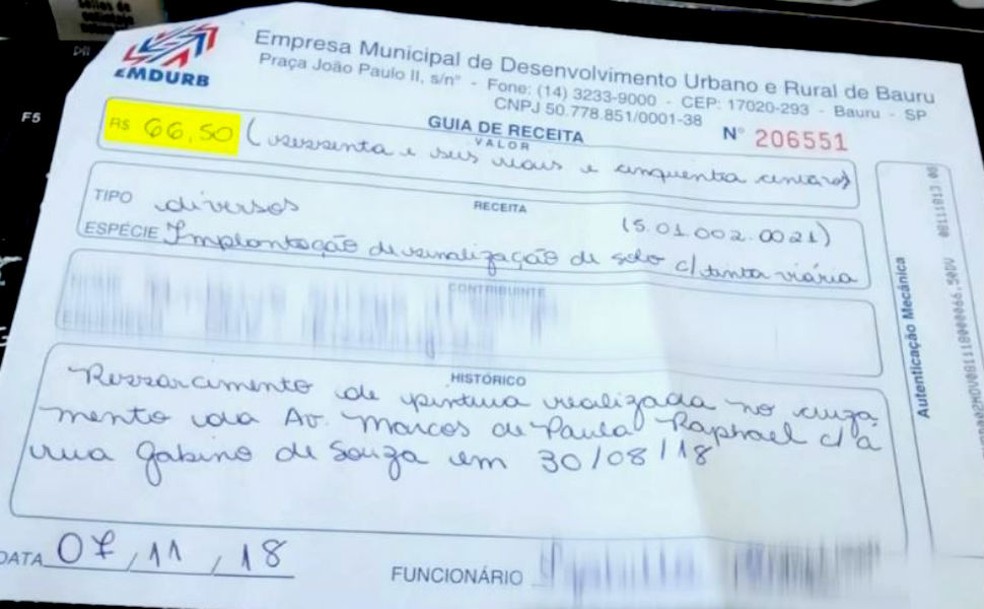 Guia mostra valor pago pelo servidor referente ao valor da tinta usada no serviço equivocado — Foto: TV TEM/Reprodução