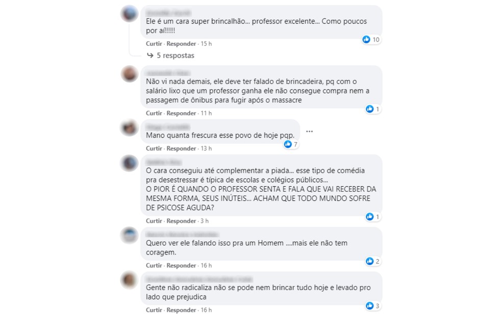 Comentários a respeito de vídeo de professor falando sobre fuzilar alunos — Foto: Reprodução/Facebook