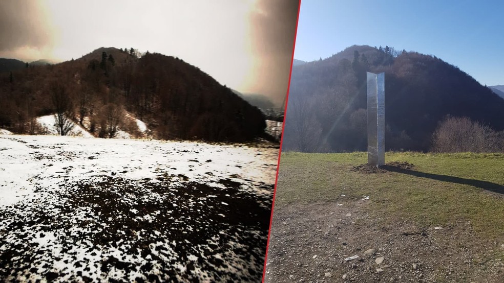 À direita, o monolito cravado numa montanha da Romênia. À esquerda, o mesmo local já sem o monolito, segundo informações da rádio local Jurnal FM — Foto: Reprodução/Twitter/Jurnal FM