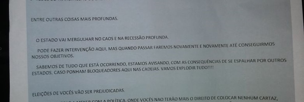 Carta deixada em agência atacada dos Correios faz ameaças caso sejam instalados bloqueadores de celular nos presídios (Foto: Reprodução)