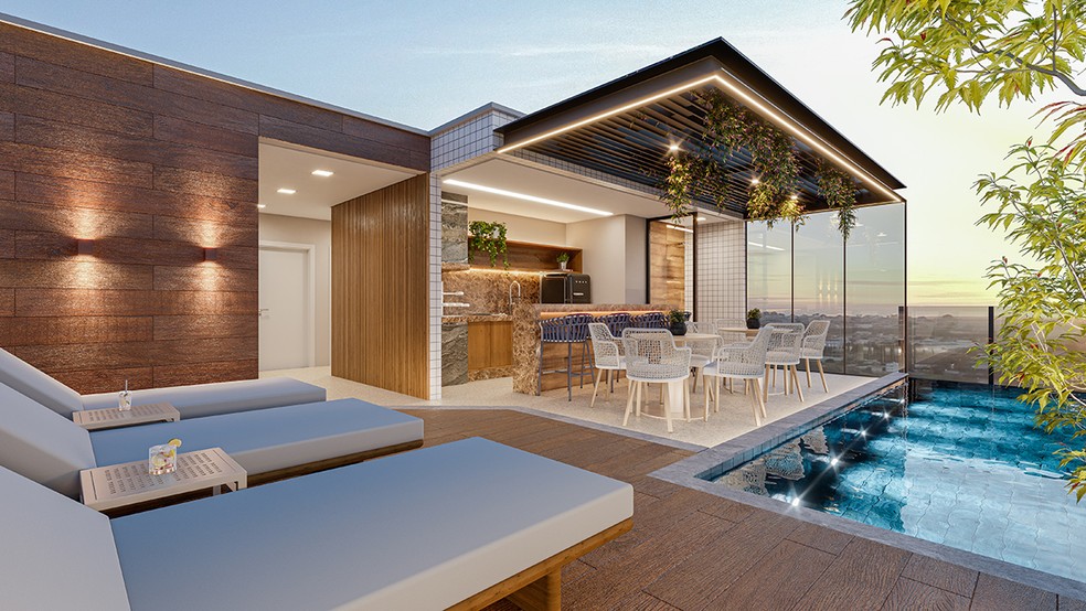 Para o lazer, o prédio conta com moderno Rooftop, contendo piscina com borda infinita, deck e churrasqueira — Foto: Divulgação