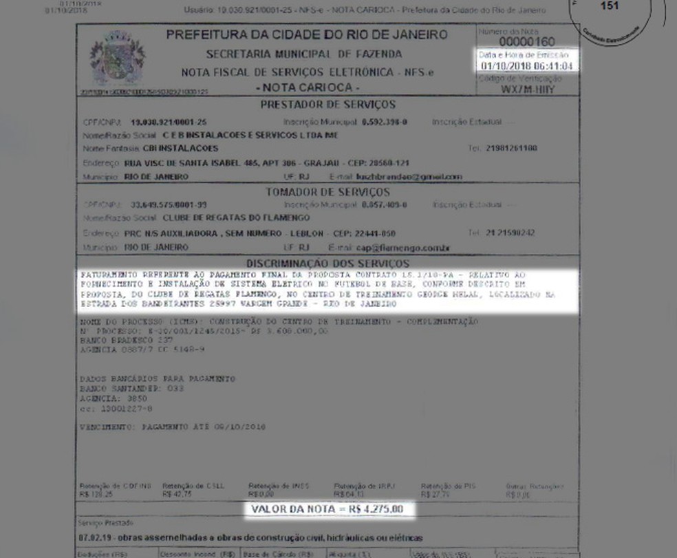 Nota fiscal do pagamento do Flamengo da segunda parcela à "CBI" — Foto: Reprodução