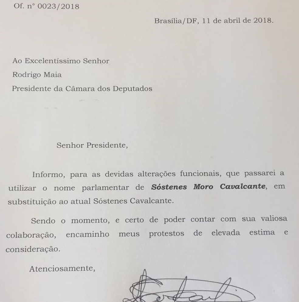 Ofício enviado pelo deputado Sóstenes Cavalcante à Presidência da Câmara (Foto: Reprodução)