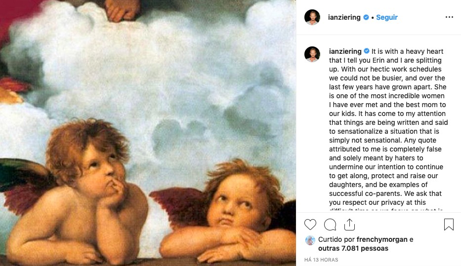 O post do ator Ian Ziering tornando público o fim de seu casamento (Foto: Instagram)