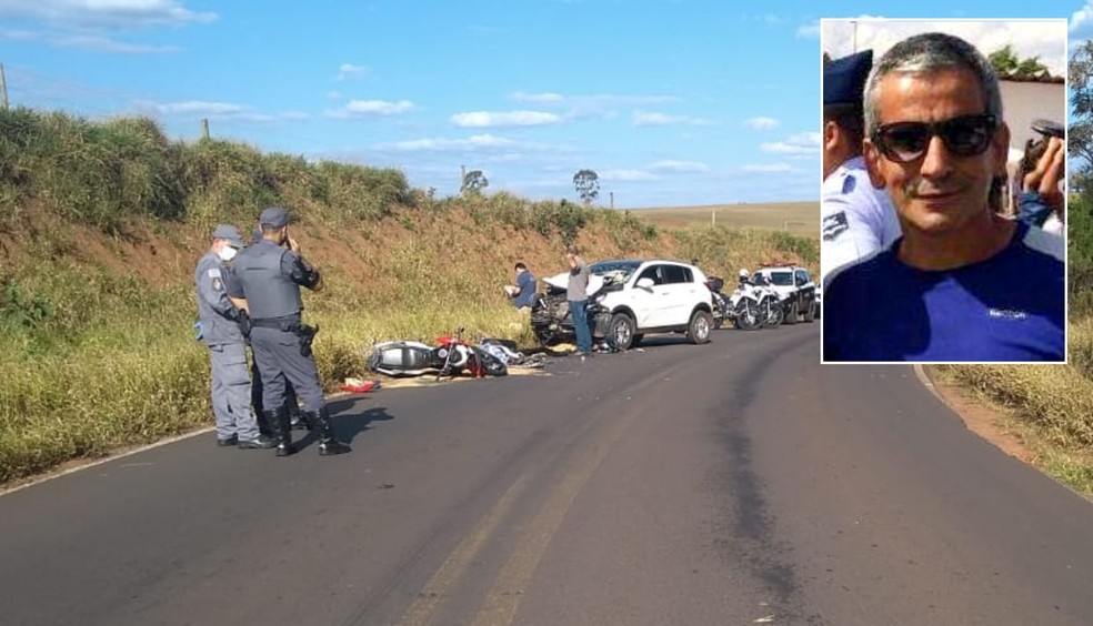 O policial civil Claudinei Moio da Cunha (no detalhe), que estava na moto, n&atilde;o resistiu aos ferimentos ap&oacute;s o choque frontal &mdash; Foto: Arquivo pessoal