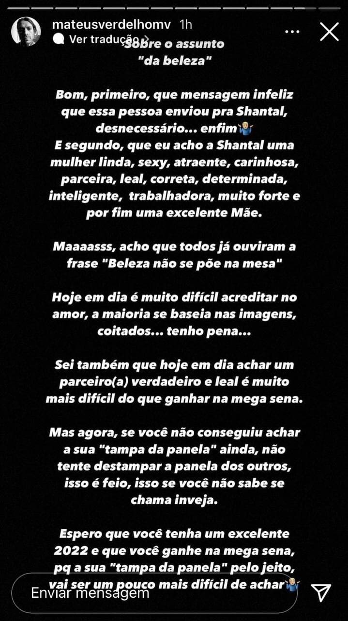 Mateus Verdelho responde seguidora após comentário sobre beleza de Shantal  (Foto: Reprodução / Instagram)