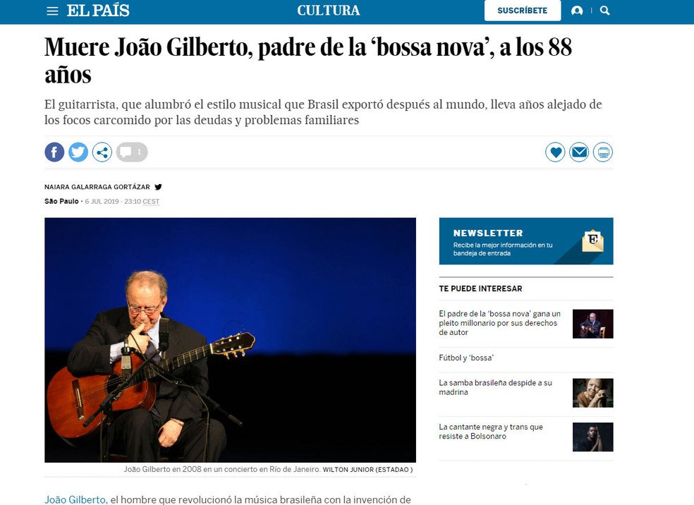Notícia da morte de João Gilberto no 'El País' — Foto: Reprodução/El País