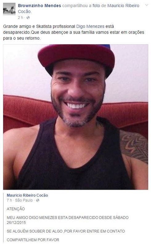 Amigos de Digo Menezes compartilham notícia para tentar encontrá-lo (Foto: Reprodução/Facebook)
