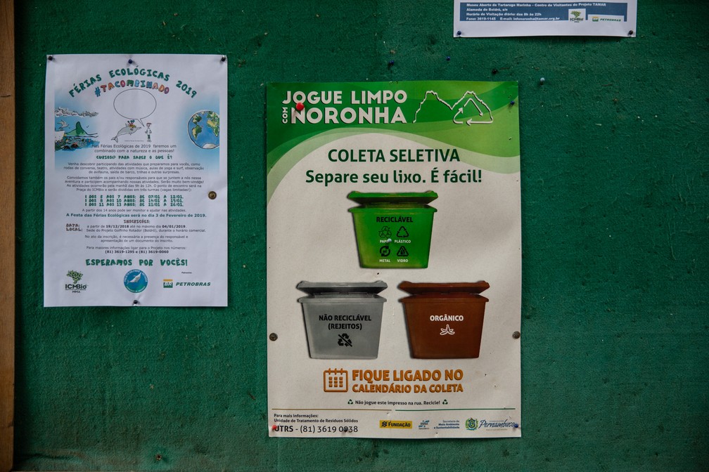 Aviso fala da coleta seletiva em Fernando de Noronha: previsão é que tenha início em março de 2019 — Foto: Fábio Tito/G1