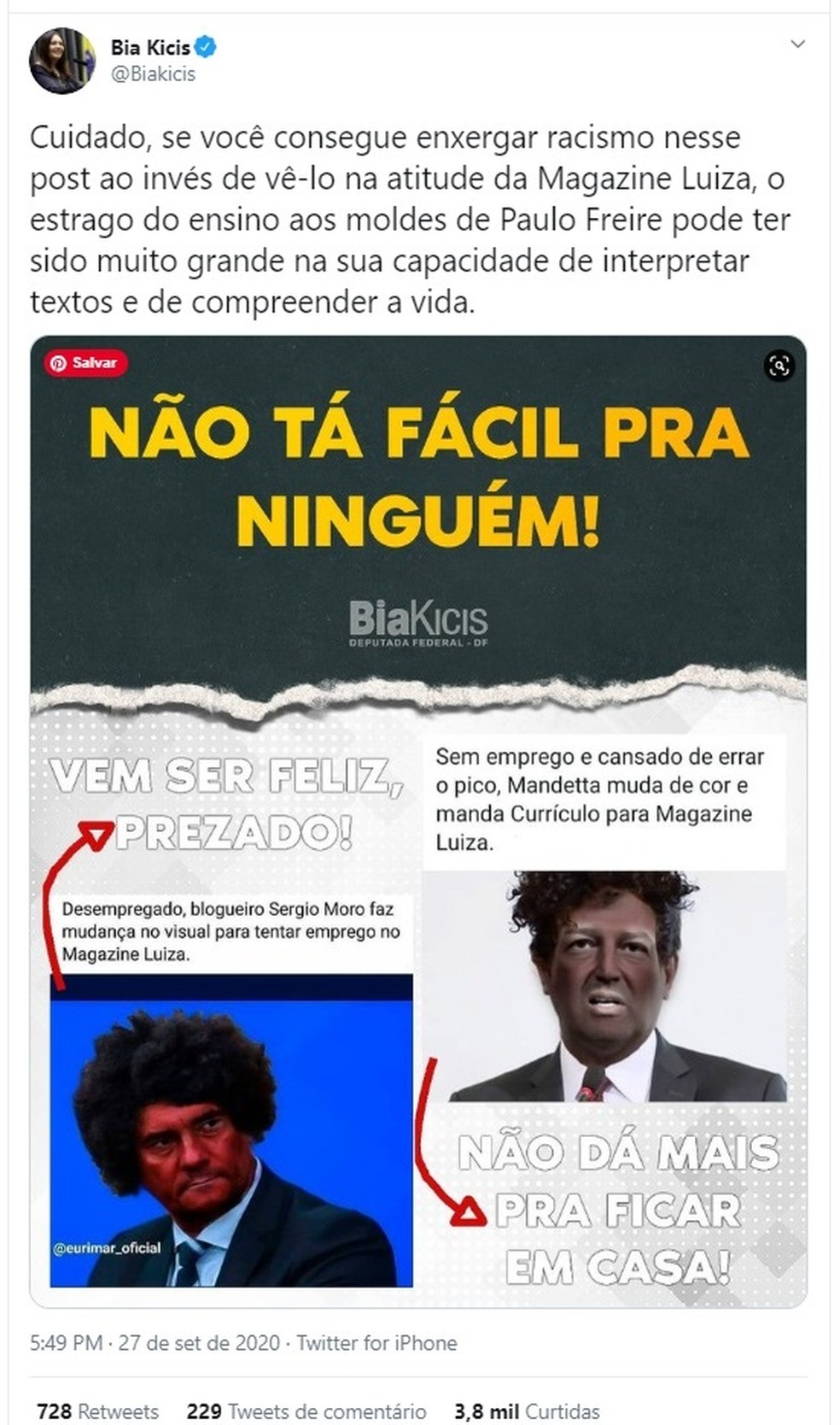 Deputada federal Bia Kicis compartilha postagem com "blackface" para critica processo seletivo para negros — Foto: TV Globo/Reprodução 