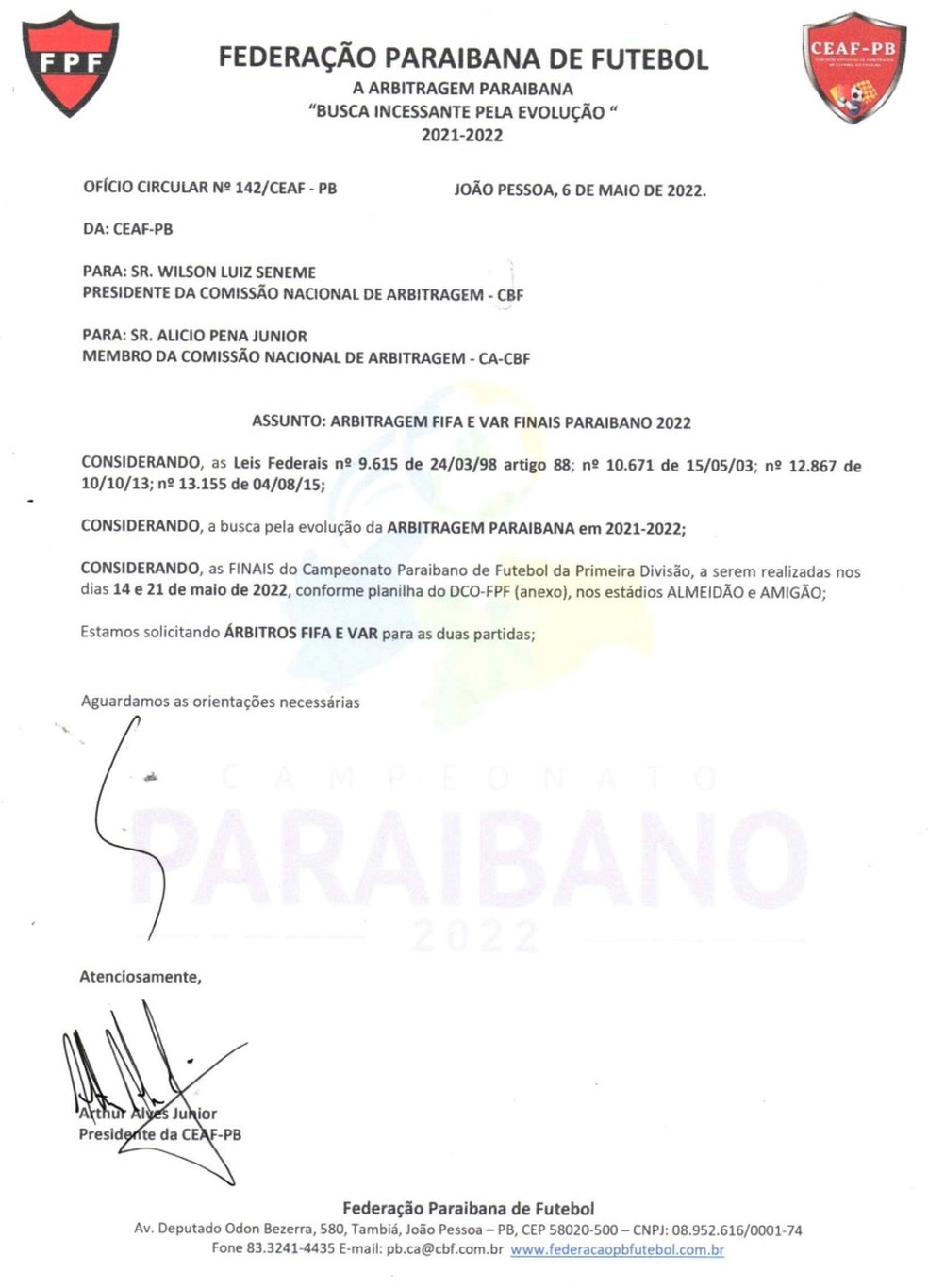 Ofício FPF-PB árbitro FIFA e VAR — Foto: Divulgação 