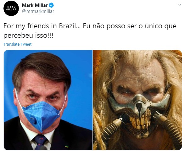 Post de Mark Millar que compara Jair Bolsonaro com Immortan Joe (Foto: reprodução twitter)